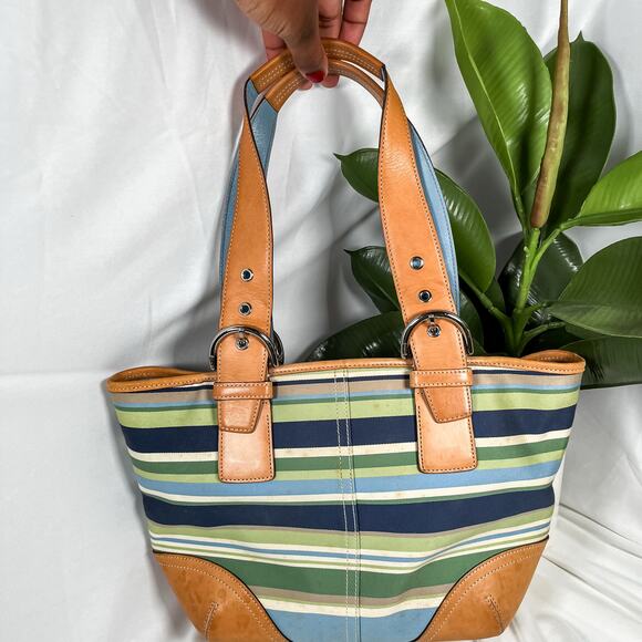 SOLD COACH Y2K 9516 Hampton Striped Canvas Mini Tote Bag Blue Green Tan Leather - Picture 2 of 11
